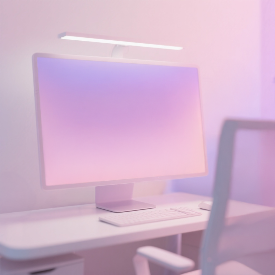 Ein schlanker, weißer Computermonitor mit Tastatur auf einem weißen Schreibtisch; der Bildschirm leuchtet in einem sanften Rosa‑violetten Farbverlauf, darüber eine dezente Schreibtischlampe.