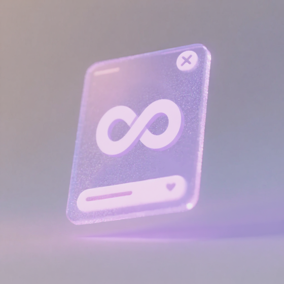 Eine schwebende, transparente Karte mit pastell‑lila Leuchteffekt, darauf ein stilisiertes Unendlichkeits‑Symbol und ein kleiner Fortschrittsbalken.