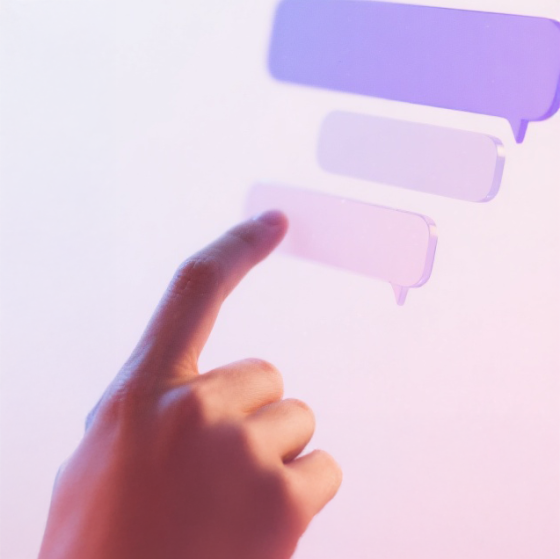 Ein Finger tippt auf einem Touch‑Display auf schwebende Chatblasen in Rosa‑ und Violetttönen