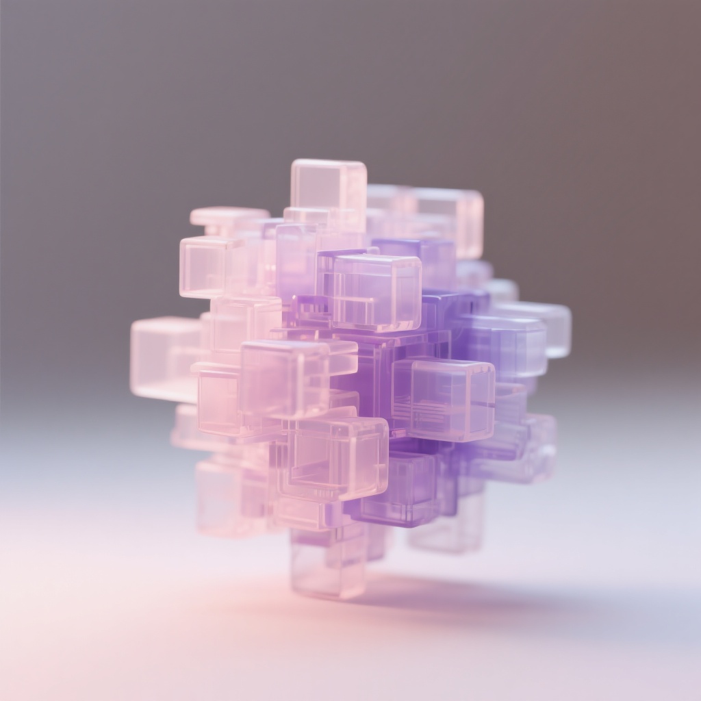 Ein abstraktes 3D‑Gebilde aus vielen transparenten, rosafarbenen und violetten Würfeln, die zu einem kompakten Cluster zusammengefügt sind.